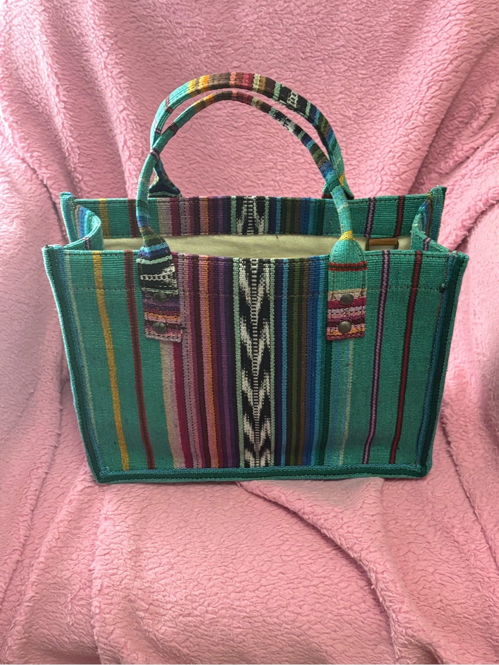 Nena & Co. Multicolor Striped Woven Tote - Teal, Pink, Purple, Yellow - Picture 2 of 4